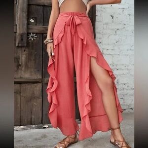 SHEIN Pink Ruffle Wide Leg Pants